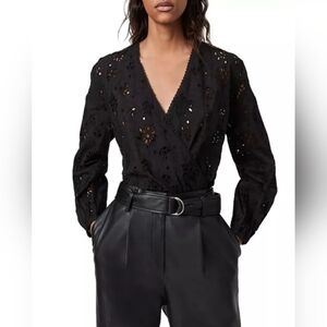 All Saints Black Amara Broderie Bodysuit, Eyelet Design, NWT, Size 6